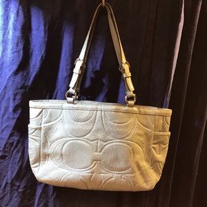 Coach light blue patent leather logo shoulder bag